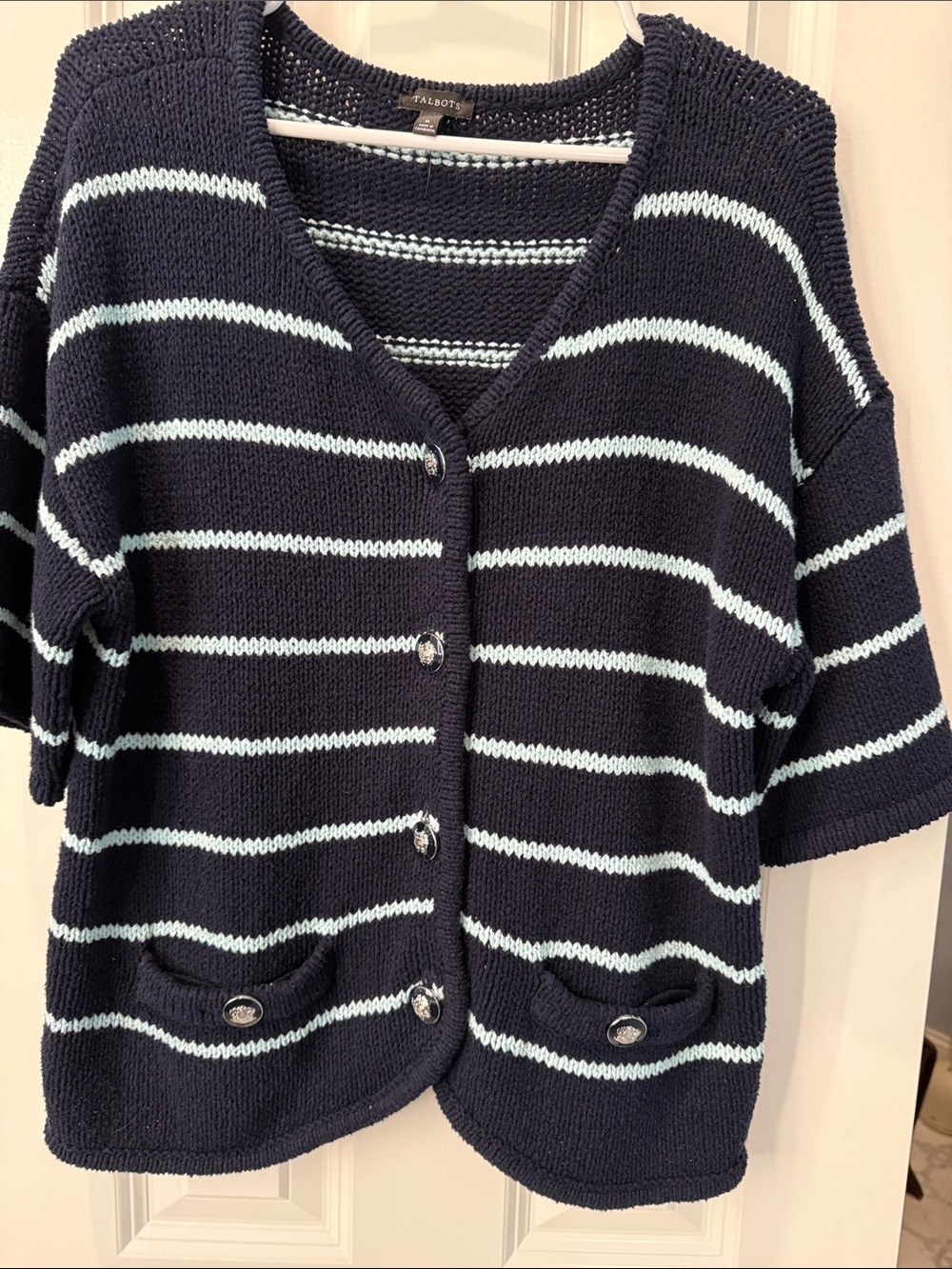 Talbots Navy with Light Blue Striped Short-Sleeve Button Cardigan